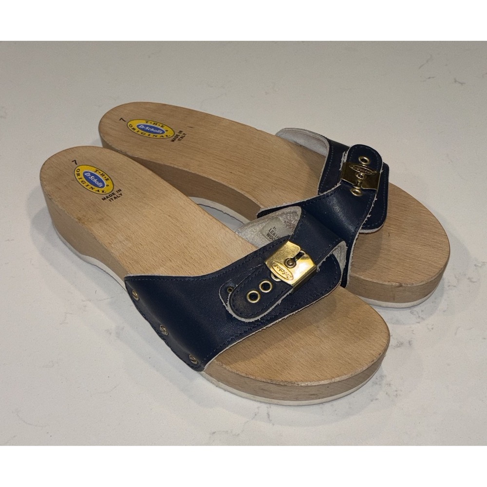 Vintage Dr Scholls Wooden Sandals Women's 7 Navy Blue Leather Slide Strap Italy